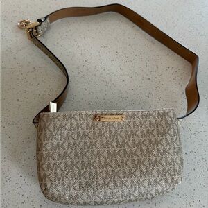 Michael Kors Tan Logo-Print Crossbody with Gold Plaque